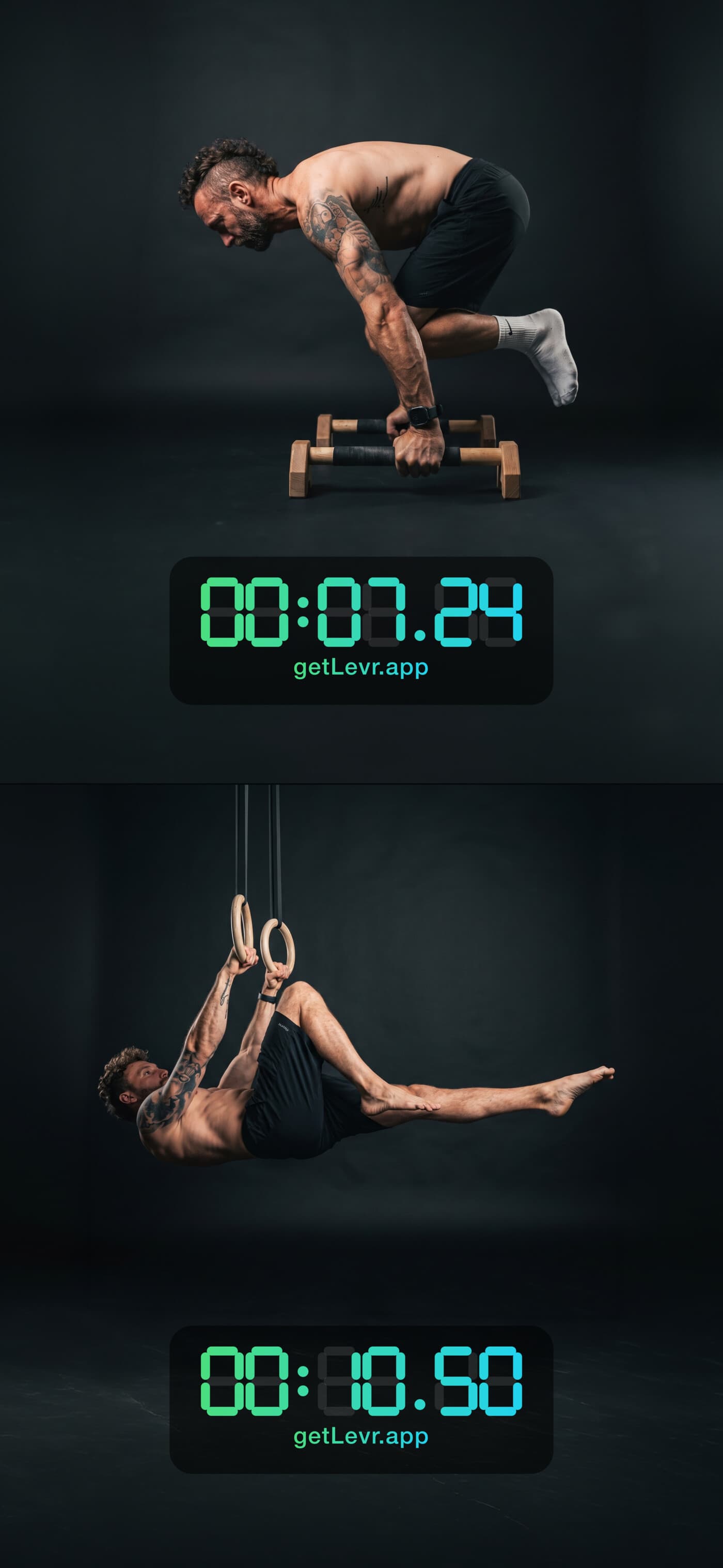 A tuck planche and a front lever, each timed automatically